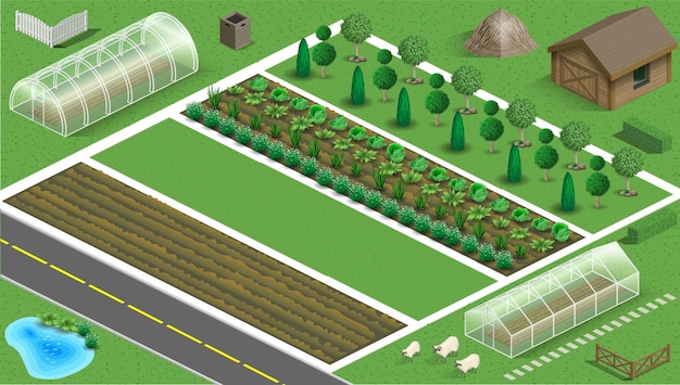 Zestaw elementów planowania gospodarstwa, drzewa, rośliny