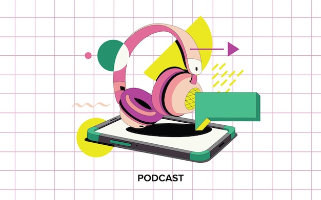 Zestaw Elementów Podcastu Wektor. Nagranie Dźwiękowe Programu. Słuchawki W Stylu Mieszkania
