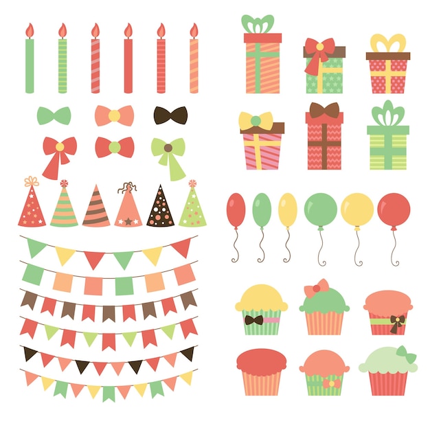 Zestaw elementów projektowania imprezy urodzinowej Kolorowe balony flagi konfetti prezenty cupcakes świece łuki