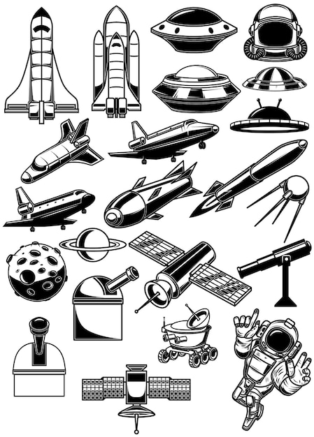 Zestaw elementów projektu przestrzeni. Prom kosmiczny, ufo, rakieta, kosmonauta, planeta. Na logo, etykietę, znak, baner.