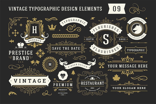 Plik wektorowy zestaw elementów projektu vintage typograficzne ozdobny ornament