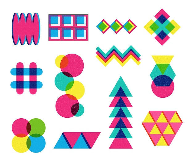 Zestaw elementów retro geometrycznego risografu
