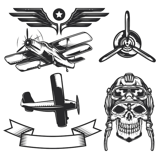 Plik wektorowy zestaw elementów samolotu do tworzenia własnych odznak, logo, etykiet, plakatów itp.