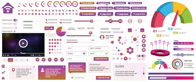 Zestaw elementów UIUX dla stron internetowych i aplikacji mobilnych przyciski formularze panele menu