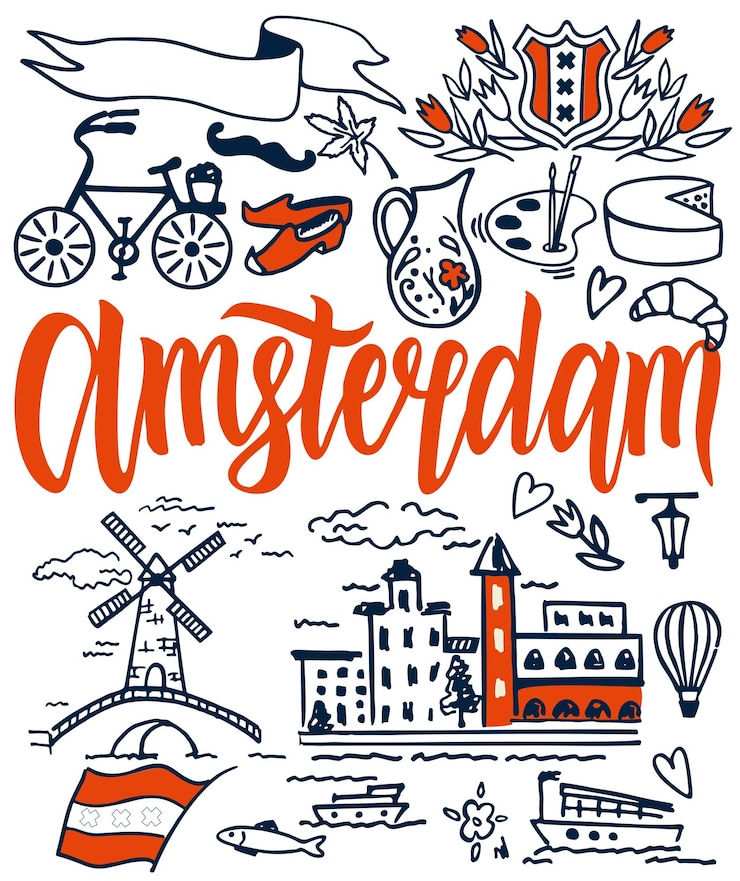 Wektor zestaw elementów wektora amsterdamu koncepcja podróży i turystyki z zabytkami architektury historycznej