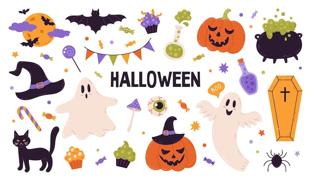 Zestaw elementów wektorowych Halloween kapelusz duch nietoperz cukierki śmieszne dynie pająk kolekcja naklejek