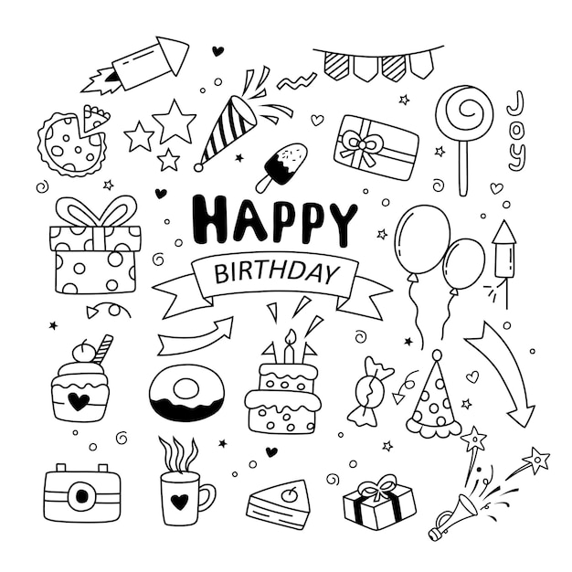 Zestaw elementów wszystkiego najlepszego doodle na białym tle ilustracji wektorowych
