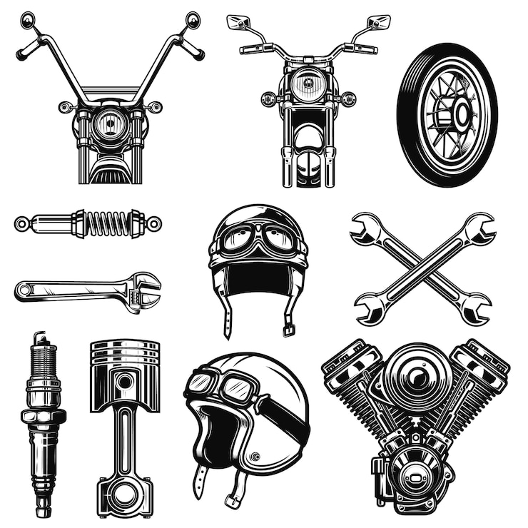 Wektor zestaw elementów zabytkowych motocykli na białym tle. element logo, etykieta, godło, znak, plakat, koszulka. ilustracja