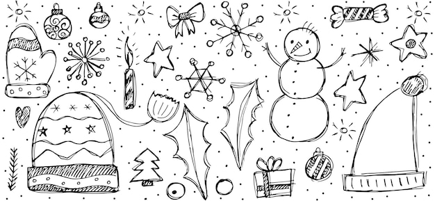 Plik wektorowy zestaw elementów zimowych w stylu doodle. ilustracja rysowane ręcznie. szczęśliwego nowego roku 2022. wesołych świąt.