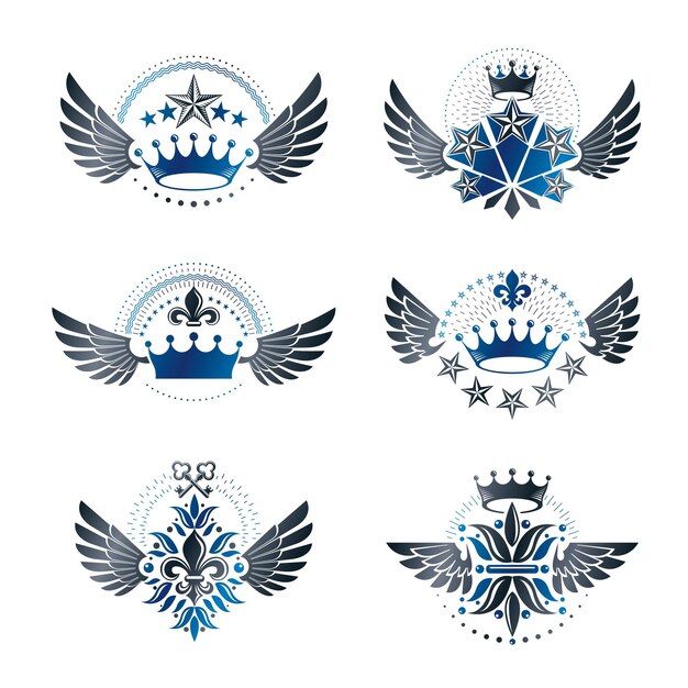 Zestaw emblematów Imperial Crowns i Vintage Stars. Heraldyczny herb, kolekcja vintage wektor logo.