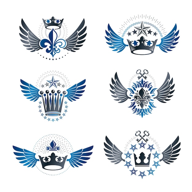 Zestaw emblematów Imperial Crowns i Vintage Stars. Heraldyczny herb, kolekcja vintage wektor logo.