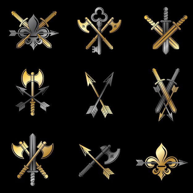Plik wektorowy zestaw emblematów rocznika broni. herb heraldyczny kolekcja emblematów ozdobnych.