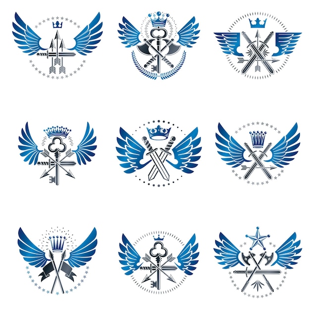 Zestaw emblematów rocznika broni. Herb heraldyczny kolekcja emblematów ozdobnych.