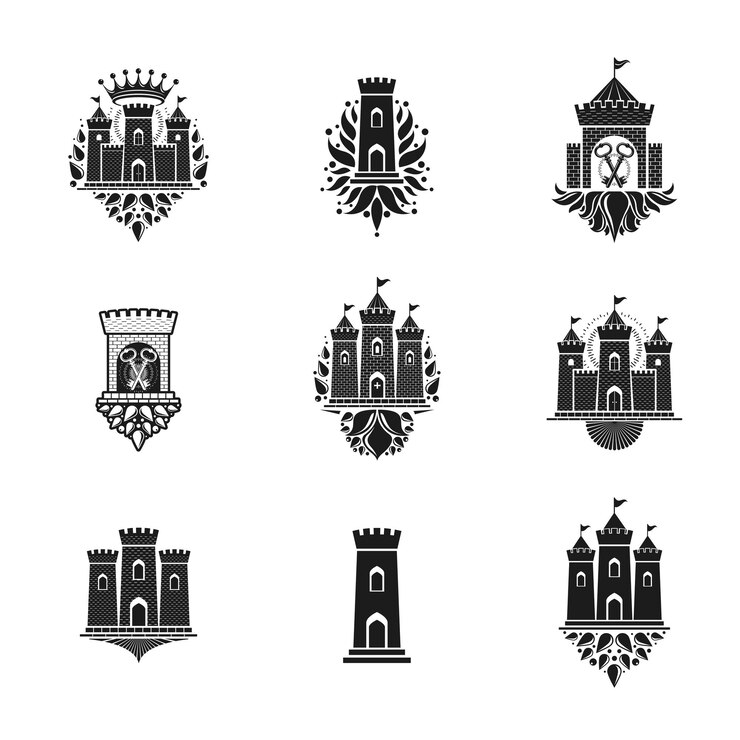 Wektor zestaw emblematów starożytnych fortec. herb heraldyczny, kolekcja vintage wektor logo.