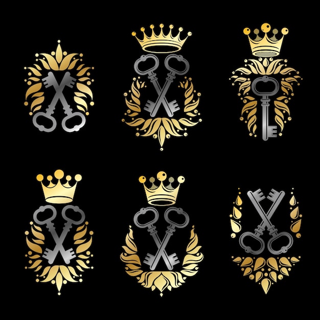 Plik wektorowy zestaw emblematów starożytnych kluczy. herb heraldyczny ozdobne logo na białym tle kolekcja ilustracji wektorowych.