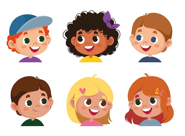 Zestaw emocji dzieci. Wyraz twarzy. Kreskówka chłopiec i dziewczynka avatar. Ilustracja wektorowa słodkiej postaci z kreskówek dla dzieci