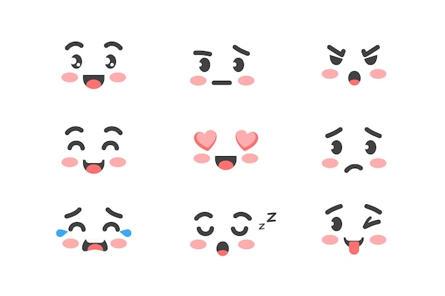 Zestaw emocji twarzy postaci w uroczym, zabawnym, płaskim stylu kreskówki