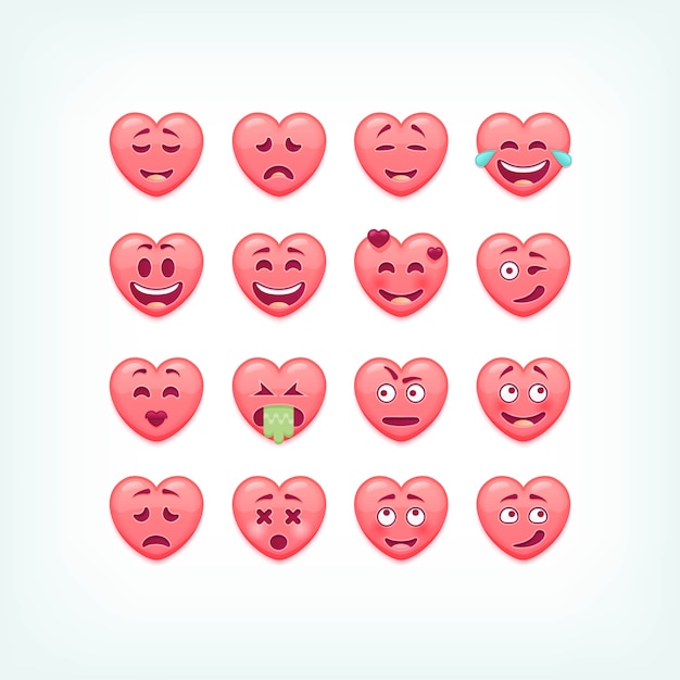 Plik wektorowy zestaw emotikonów w kształcie serca. romantyczne i walentynkowe buźki, emotikony.