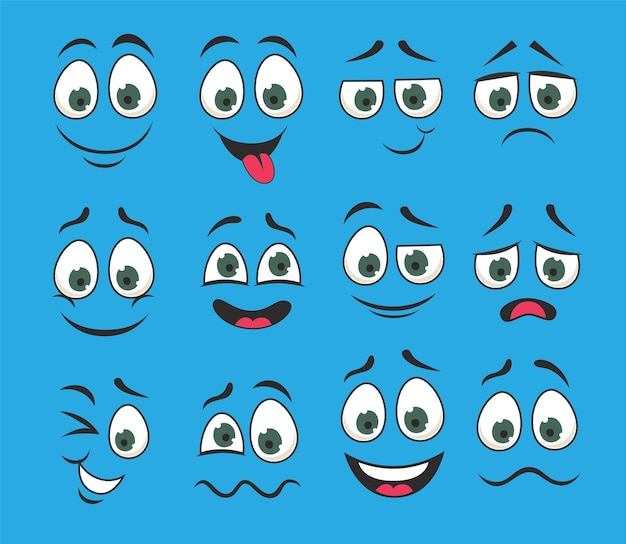 Zestaw Emotikonów Z Zabawnymi Mimikami Ilustracji Wektorowych. Oczy I Usta ładny Ekspresyjny Postać Z Kreskówek, Komiks Zły, Szczęśliwy, Smutny Twarz Na Białym Tle Na Niebieskim Tle. Koncepcja Emocji