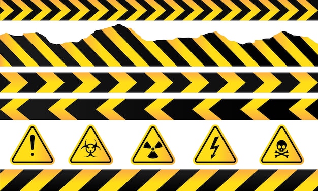 Plik wektorowy zestaw etykiet ostrzegawczych, taśmy ostrzegawczej i ilustracji wektorowych symbolu znaku niebezpieczeństwa