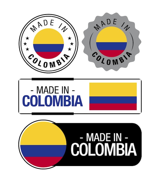 Plik wektorowy zestaw etykiet wyprodukowanych w kolumbii, logo, flaga kolumbii, emblemat produktu kolumbii