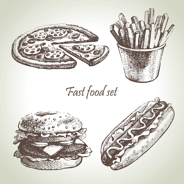 Zestaw Fast Food. Ręcznie Rysowane Ilustracje