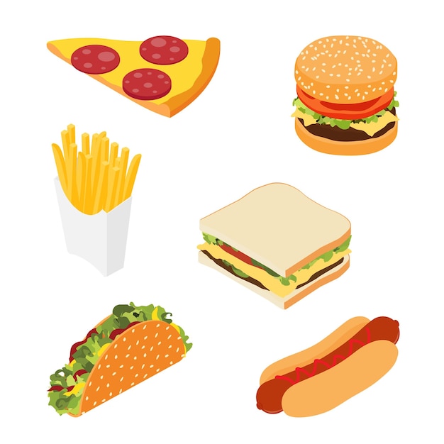 Zestaw fast foodów, frytek, hotdogów, kanapek, hamburgerów lub cheeseburgerów, kawałek pizzy, taco