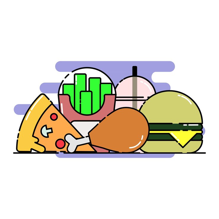 Wektor zestaw fast foodów smażony kurczak hamburger frytki pizza i zimne napoje urocza ilustracja