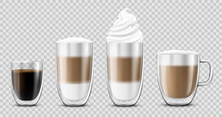 Wektor zestaw filiżanek kawy, na białym tle na przezroczystym tle. kubek szklany z podwójnymi ściankami z gorącym napojem, americano, cappuccino, espresso, latte, mleczno-brązową kawą, realistyczną ilustracją wektorową 3d, makiety.