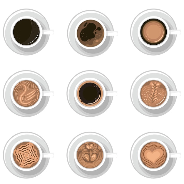 Zestaw filiżanek kawy widok z góry Americano latte espresso cappuccino macchiato mocha asortyment isola
