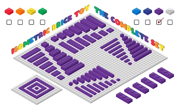 Zestaw Fioletowy 3d Dzieci Cegły Zabawki W Stylu Izometrycznym. Plastikowy Zestaw Zabawek Z Cegły Wektor Wzór