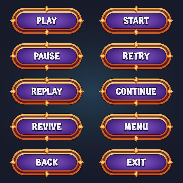 Zestaw Fioletowych Przycisków Do Gier Mobilnych Z Edytowalnym Efektem Tekstowym Do Tworzenia Gier 2d