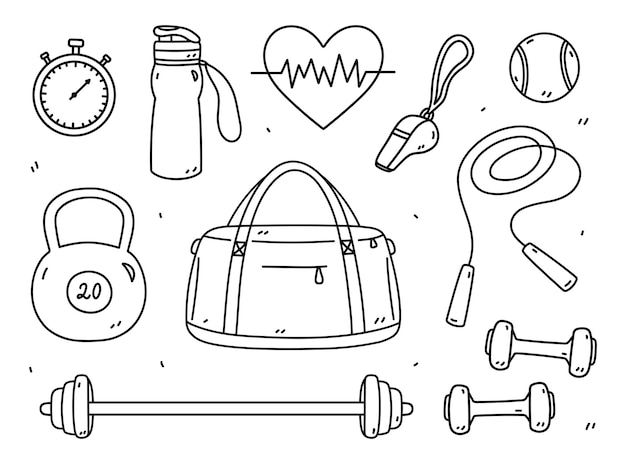 Plik wektorowy zestaw fitness doodles dumbbells kettlebell barbell skakać linę stopwatch torba sportowa i inne