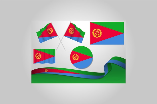 Zestaw Flag Erytrei W Różnych Wzorach Ikona Obwieszanie Flag Z Wstążką Z Wektorem Tła