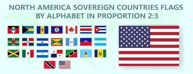 Zestaw flag krajów Ameryki Północnej w proporcji 23 z cieniem i nazwami