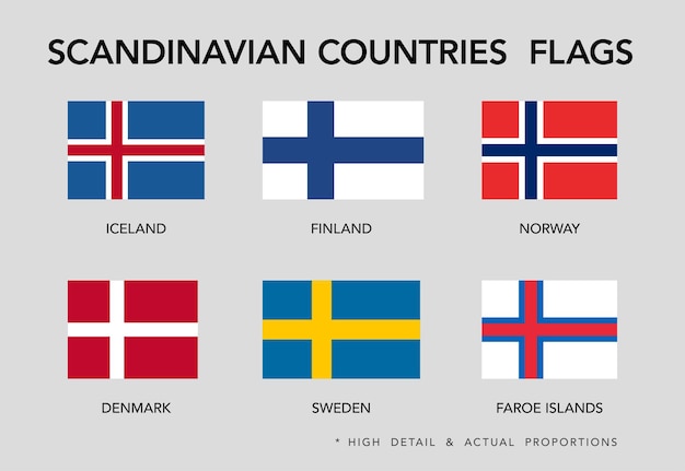 Plik wektorowy zestaw flag krajów skandynawskich wysoki szczegół i rzeczywiste proporcje ilustracja wektorowa