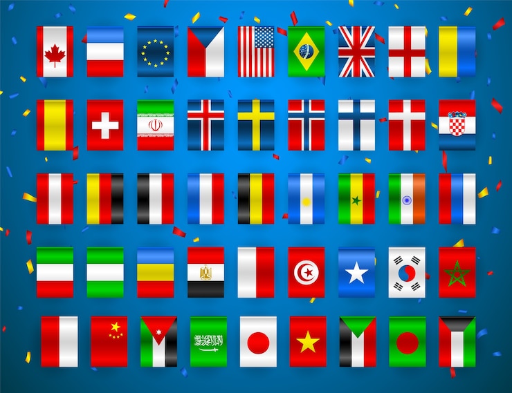 Wektor zestaw flag suwerennych państw świata. kolorowe flagi różnych krajów europy i świata.