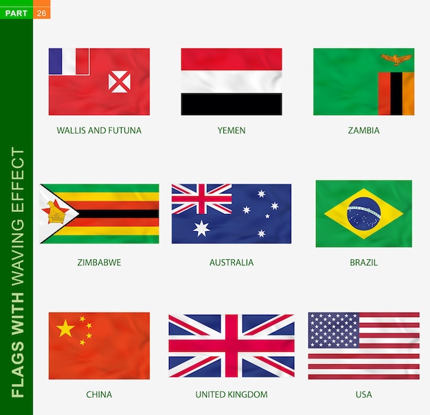 Zestaw Flagi Z Efektem Macha, Flaga Narodowa Z Teksturą. Wektor Flaga Australii, Brazylii, Chin, Wielkiej Brytanii, Usa, Wallis I Futuna, Jemenu, Zambii, Zimbabwe