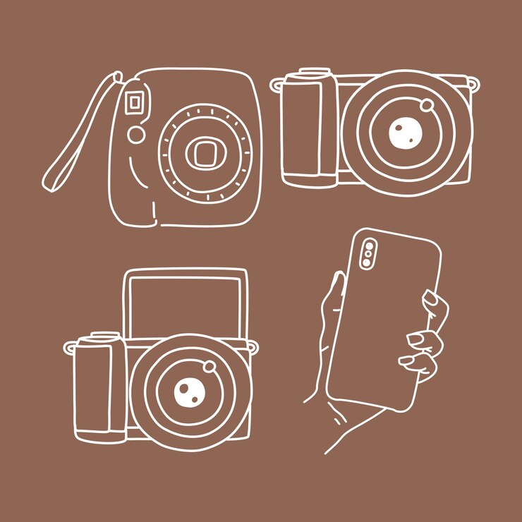 Zestaw fotografii aparat, aparat natychmiastowy, telefon i bezlusterkowca ilustracja elementy doodle