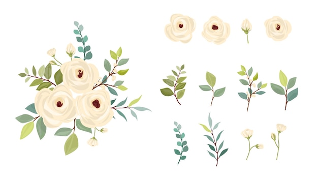 Plik wektorowy zestaw gałęzi kwiatowych kwiat białej róży zielone liście koncepcja ślubna plakat kwiatowy zaproszenie vecto