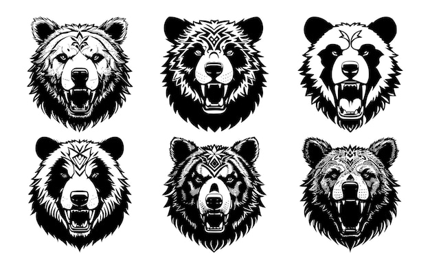 Zestaw głów niedźwiedzi z otwartymi ustami i obnażonymi kłami z różnymi gniewnymi wyrazami pyska Symbole tatuażu godło lub logo izolowane na białym tle
