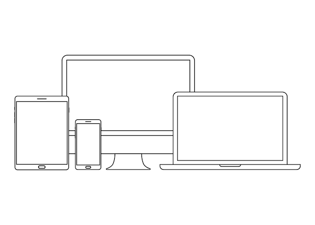 Zestaw grafiki liniowej urządzenia i gadżetu Laptop smartphone nowoczesne przenośne i kompaktowe komputery osobiste do pracy w domu i biurze Ilustracja urządzenia z grafiką wektorową