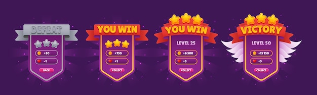 Zestaw gry UI Level Win Popup Victory Badge z projektem trofeum