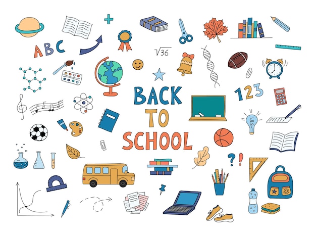 Zestaw gryzmołów szkolnych Śmieszne ręcznie rysowane obiekty dla edukacji Rysunki szkolne Projektuj kolorowe elementy na białym tle Ilustracja wektorowa