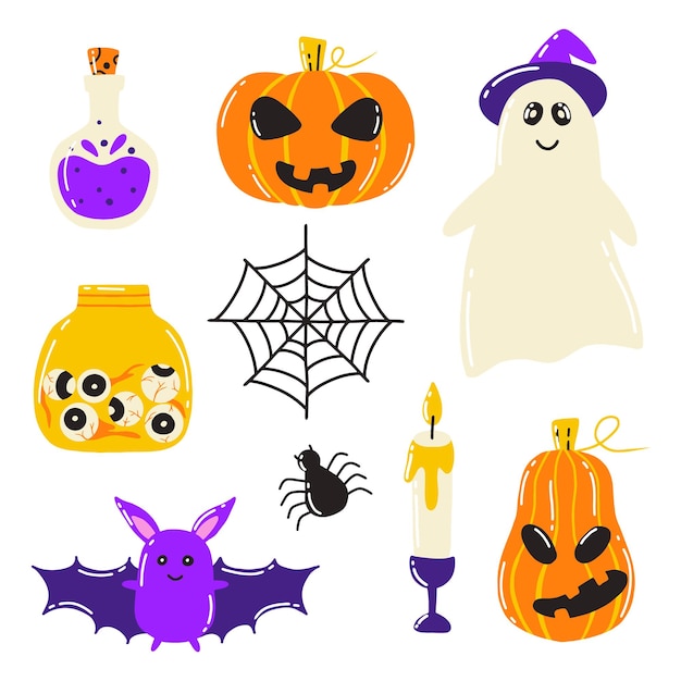 Zestaw Halloween Doodle Styl Ilustracja Wektorowa Straszna Kolekcja Dla Słoika Z Dyni Halloween Ghost Z Oczami