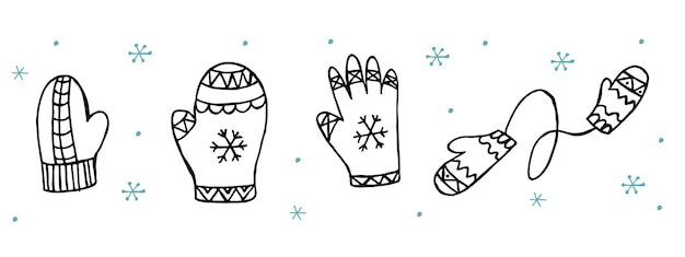 Zestaw Handdrawn Odzieży Zimowej Ilustracji Wektorowych W Stylu Doodle Zimowy Nastrój Witam 2023 Wesołych świąt I Szczęśliwego Nowego Roku Czarno-niebieskie Rękawiczki Na Białym Tle