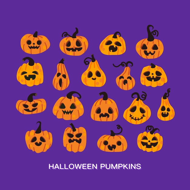 Plik wektorowy zestaw happy halloween dynie uśmiecha się na fioletowym tle. płaskie elementy projektu wektor.