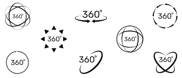 Zestaw ikon 360 stopni Symbol ze strzałką wskazującą obrót wirtualnej rzeczywistości lub panoram