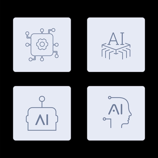Zestaw ikon AI Artificial Intelligence w stylu inline machine learning inteligentne robotyczne przetwarzanie w chmurze