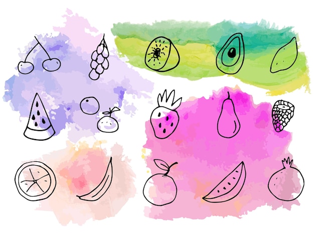 Zestaw ikon akwarela doodle jedzenie owoców